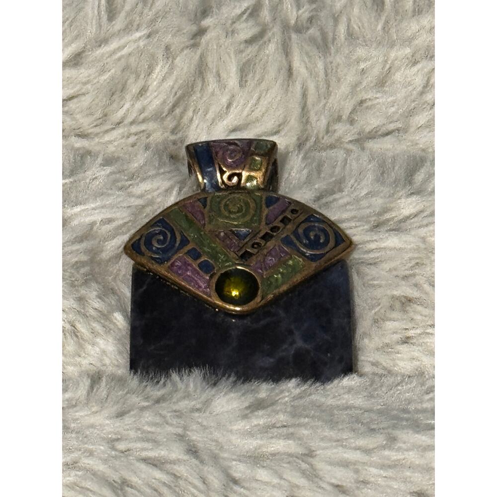 Vintage Chico's goldtone pendant with enamel work & blue natural stone, lapis?
